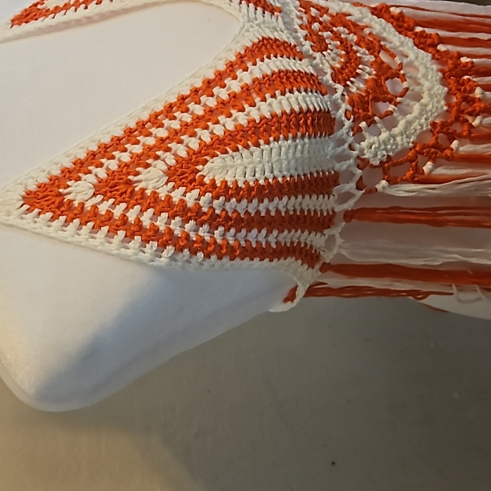 Hand Crafted Crochet Orange White Crop Top Fringe Summer - Picture 7 of 17